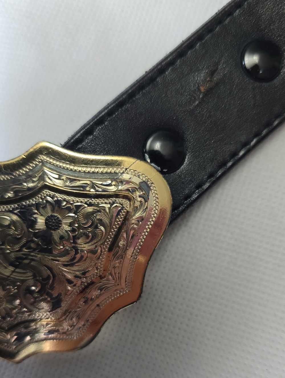 CMexico Made Black Leather Belt Partly Braded w/ Gold Floral Western Buckle 32 - Picture 6 of 9
